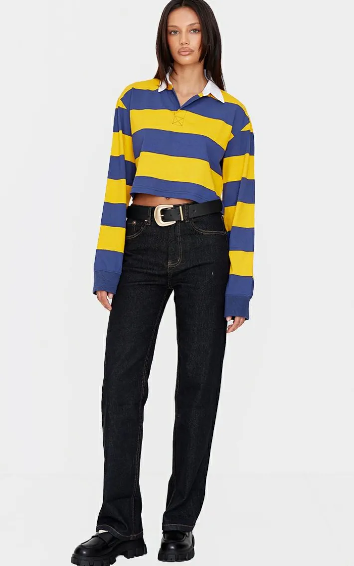 Mustard Chunky Striped Collared Cropped Long Sleeve Top