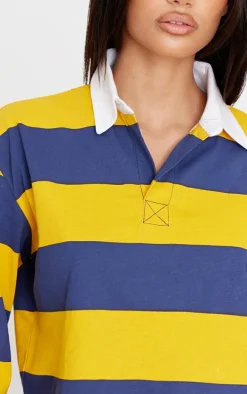 Mustard Chunky Striped Collared Cropped Long Sleeve Top