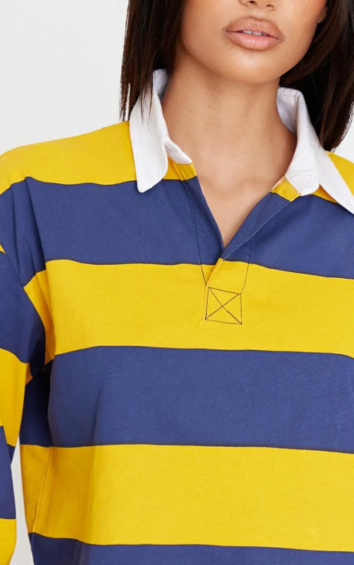 Mustard Chunky Striped Collared Cropped Long Sleeve Top