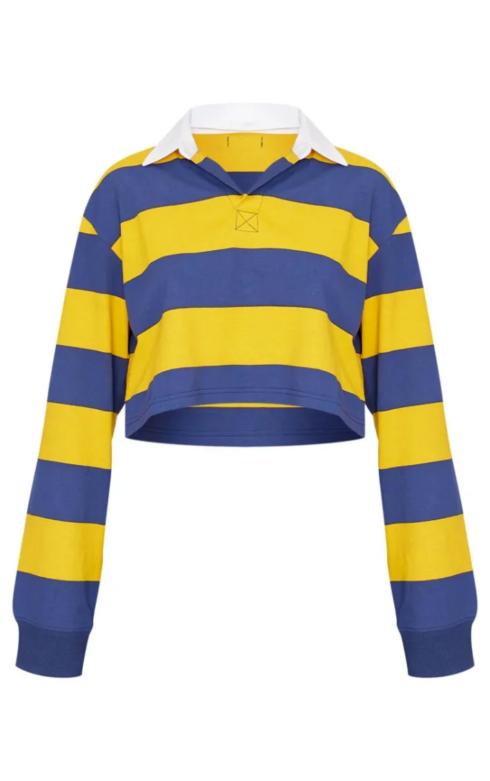 Mustard Chunky Striped Collared Cropped Long Sleeve Top