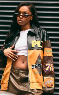 Mustard Faux Leather Graphics Oversized Racer Jacket