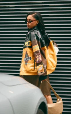 Mustard Faux Leather Graphics Oversized Racer Jacket