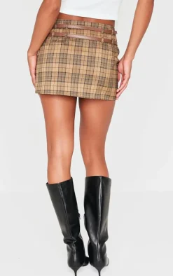 Mustard Plaid Printed Double Belt Tailored Low Rise Mini Skirt