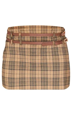 Mustard Plaid Printed Double Belt Tailored Low Rise Mini Skirt
