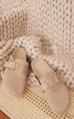 Natural Buckle Detail Faux Suede Mules