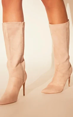 Natural Faux Suede Point Toe Stiletto Heeled Calf High Boots