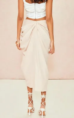 Natural Floral Print Ruched Side Midi Skirt