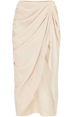 Natural Floral Print Ruched Side Midi Skirt