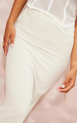 Natural Linen Look Split Back Pencil Maxi Skirt