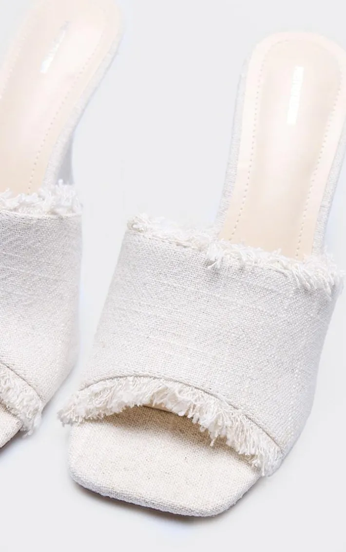 Natural Linen Look Square Toe Wedge Heeled Sandals