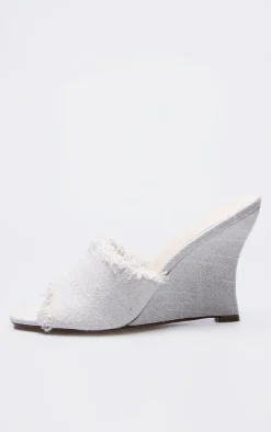 Natural Linen Look Square Toe Wedge Heeled Sandals