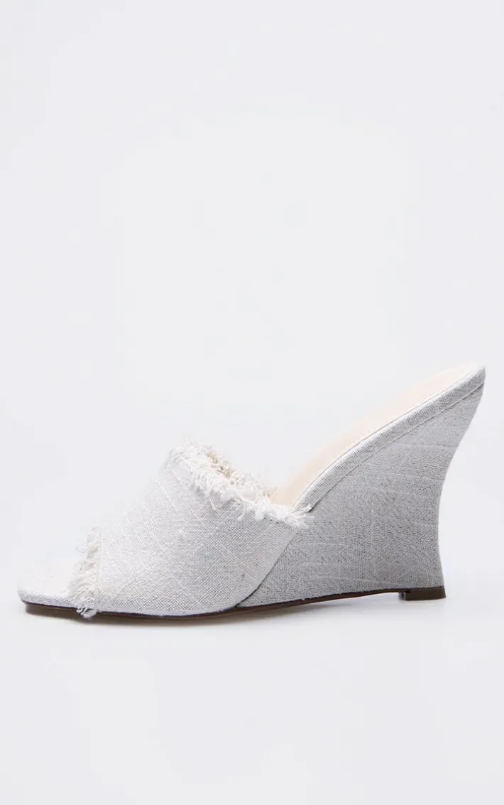 Natural Linen Look Square Toe Wedge Heeled Sandals