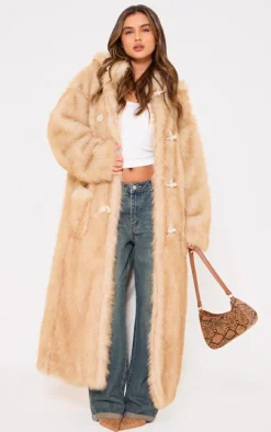 Natural Ombre Tip Hooded Faux Fur Maxi Coat