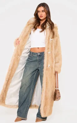 Natural Ombre Tip Hooded Faux Fur Maxi Coat