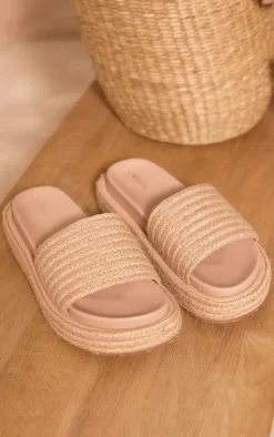 Natural Pu Round Toe Raffia Strap Platform Slider Sandals