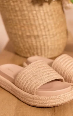 Natural Pu Round Toe Raffia Strap Platform Slider Sandals