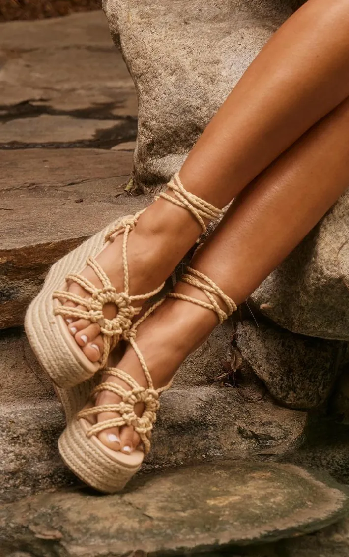Natural PU Round Toe Raffia Espadrille Lace Up High Heeled Wedges