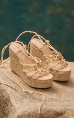 Natural PU Round Toe Raffia Espadrille Lace Up High Heeled Wedges