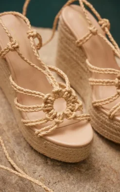 Natural PU Round Toe Raffia Espadrille Lace Up High Heeled Wedges