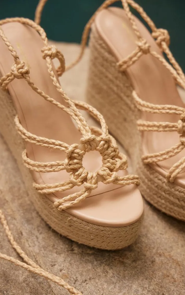 Natural PU Round Toe Raffia Espadrille Lace Up High Heeled Wedges