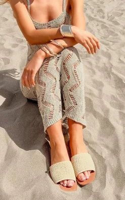 Natural Pu Square Toe Raffia Strap Flat Sandals