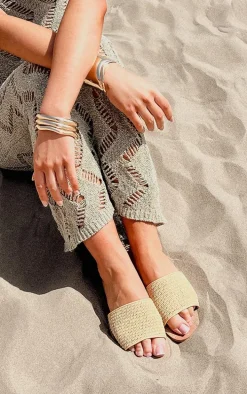 Natural Pu Square Toe Raffia Strap Flat Sandals