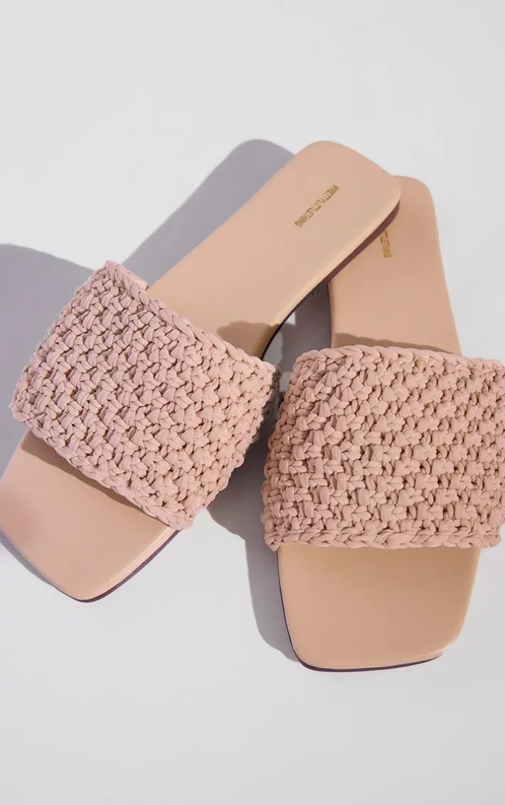 Natural PU Square Toe Slip On Crochet Flat Sandals