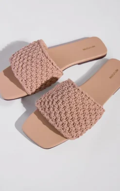 Natural PU Square Toe Slip On Crochet Flat Sandals