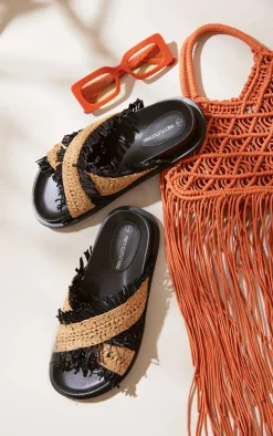 Natural Raffia Criss Cross Fringe Slides