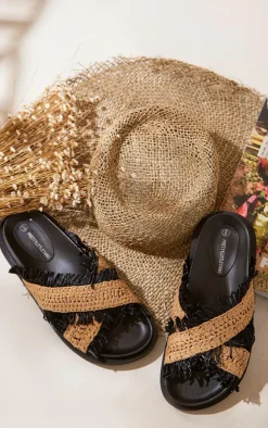 Natural Raffia Criss Cross Fringe Slides