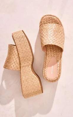 Natural Raffia Round Toe Strap Platform Sandals