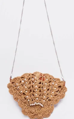Natural Raffia Shell Pearl Cross Body Bag
