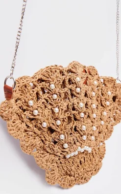Natural Raffia Shell Pearl Cross Body Bag