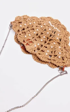 Natural Raffia Shell Pearl Cross Body Bag