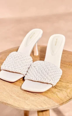 Natural Square Toe Crochet Strap Mid Heeled Mules