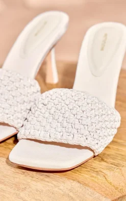 Natural Square Toe Crochet Strap Mid Heeled Mules