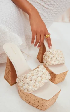 Natural Square Toed Woven Raffia Strap Cork Platform Heeled Sandals