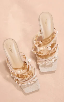 Natural Wide Fit Linen Square Toe Shell Strap High Heeled Sandals
