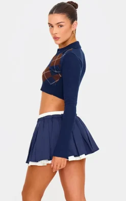 Navy Argyle Jacquard Knitted Collar Detail Cropped Sweater