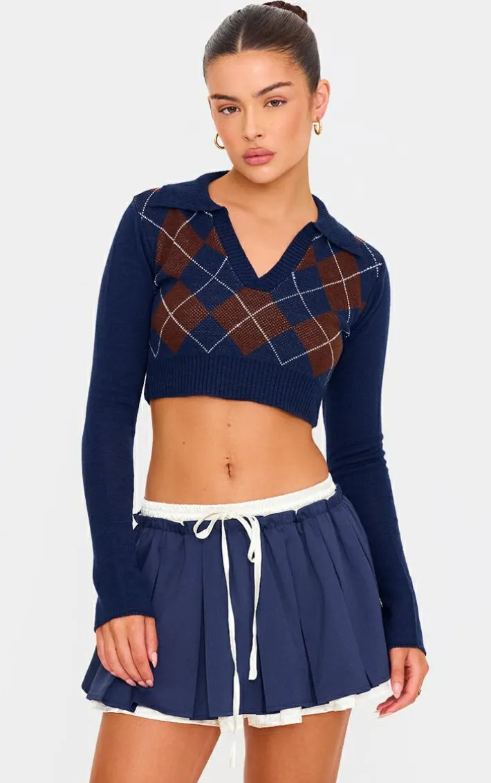 Navy Argyle Jacquard Knitted Collar Detail Cropped Sweater