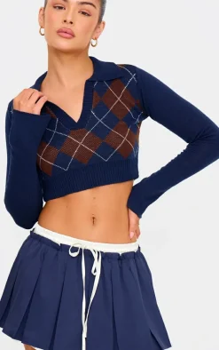 Navy Argyle Jacquard Knitted Collar Detail Cropped Sweater