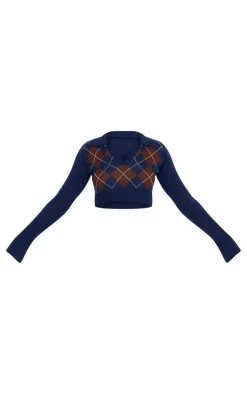 Navy Argyle Jacquard Knitted Collar Detail Cropped Sweater