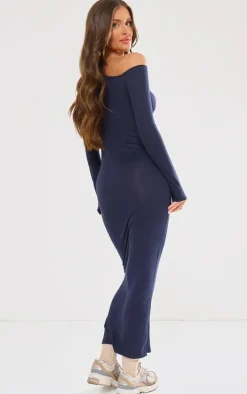 Navy Asymmetric Neck Split Detail Maxi Dress
