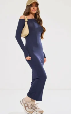 Navy Asymmetric Neck Split Detail Maxi Dress