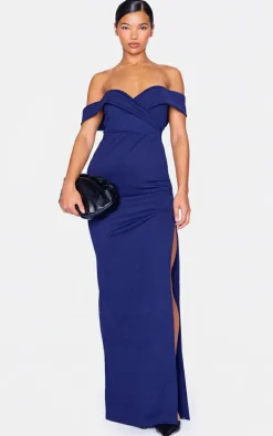 Navy Bardot Fold Detail Extreme Split Maxi Dress