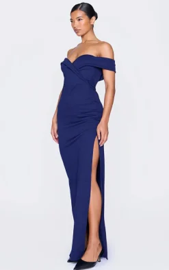 Navy Bardot Fold Detail Extreme Split Maxi Dress