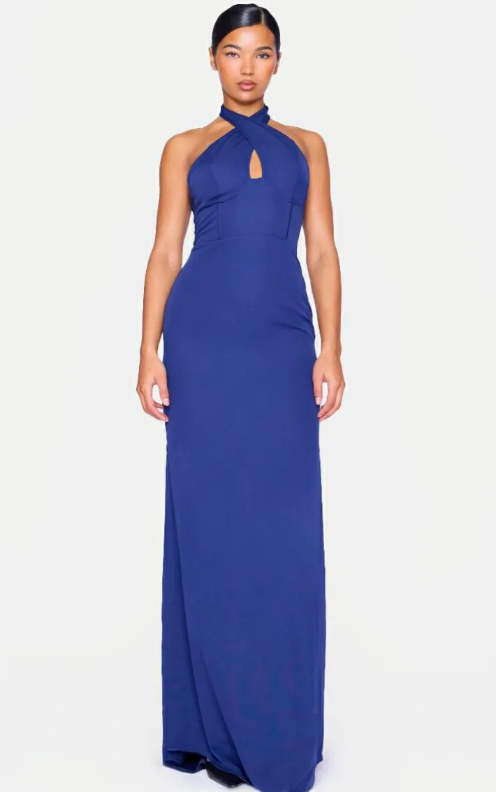 Navy Bridesmaid Corset Detail Cross Front Maxi Dress