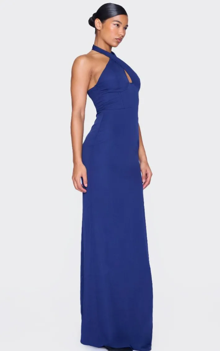 Navy Bridesmaid Corset Detail Cross Front Maxi Dress