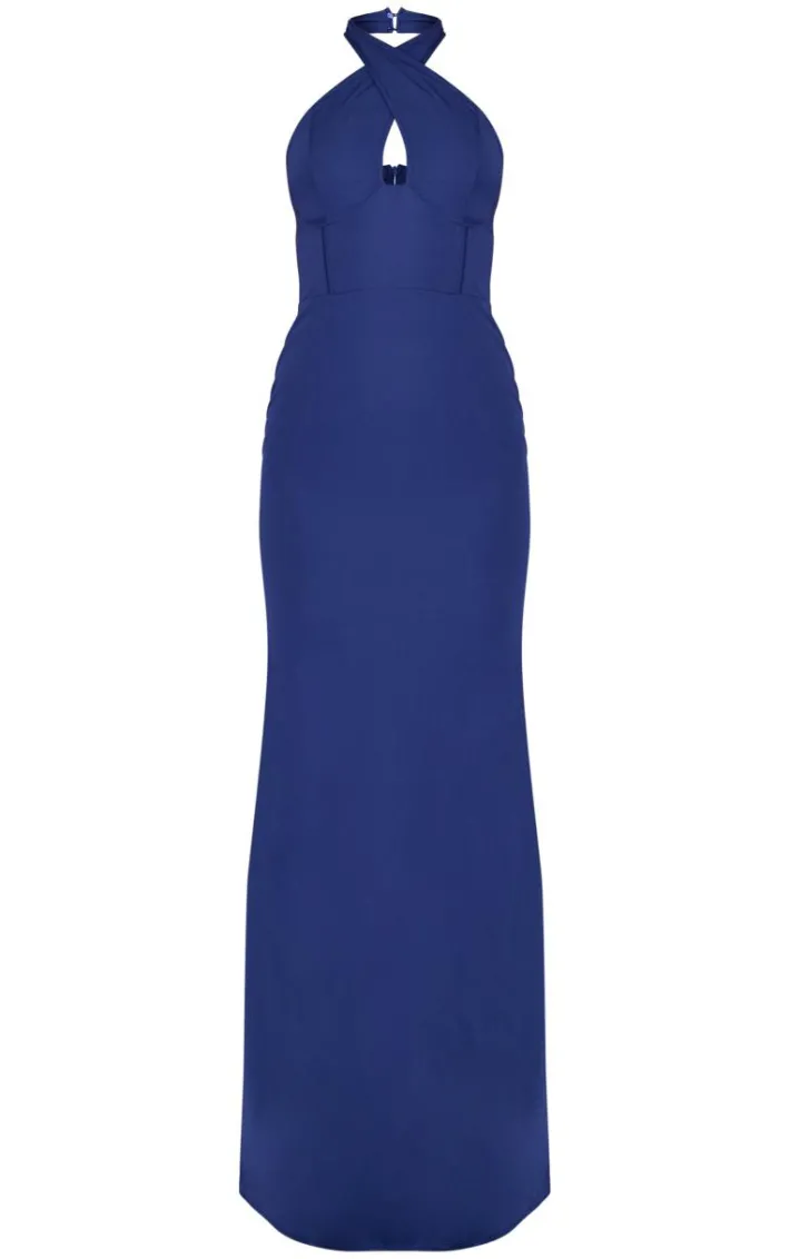 Navy Bridesmaid Corset Detail Cross Front Maxi Dress