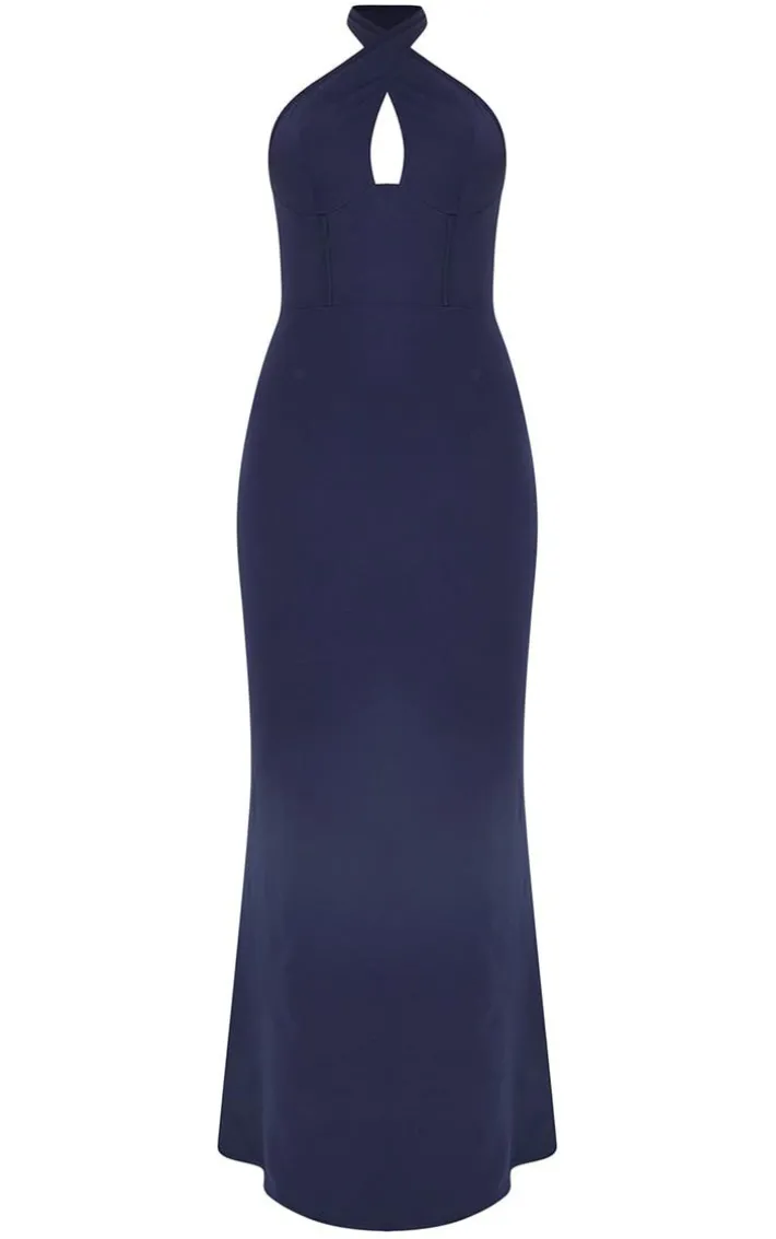 Navy Bridesmaid Corset Detail Cross Front Maxi Dress